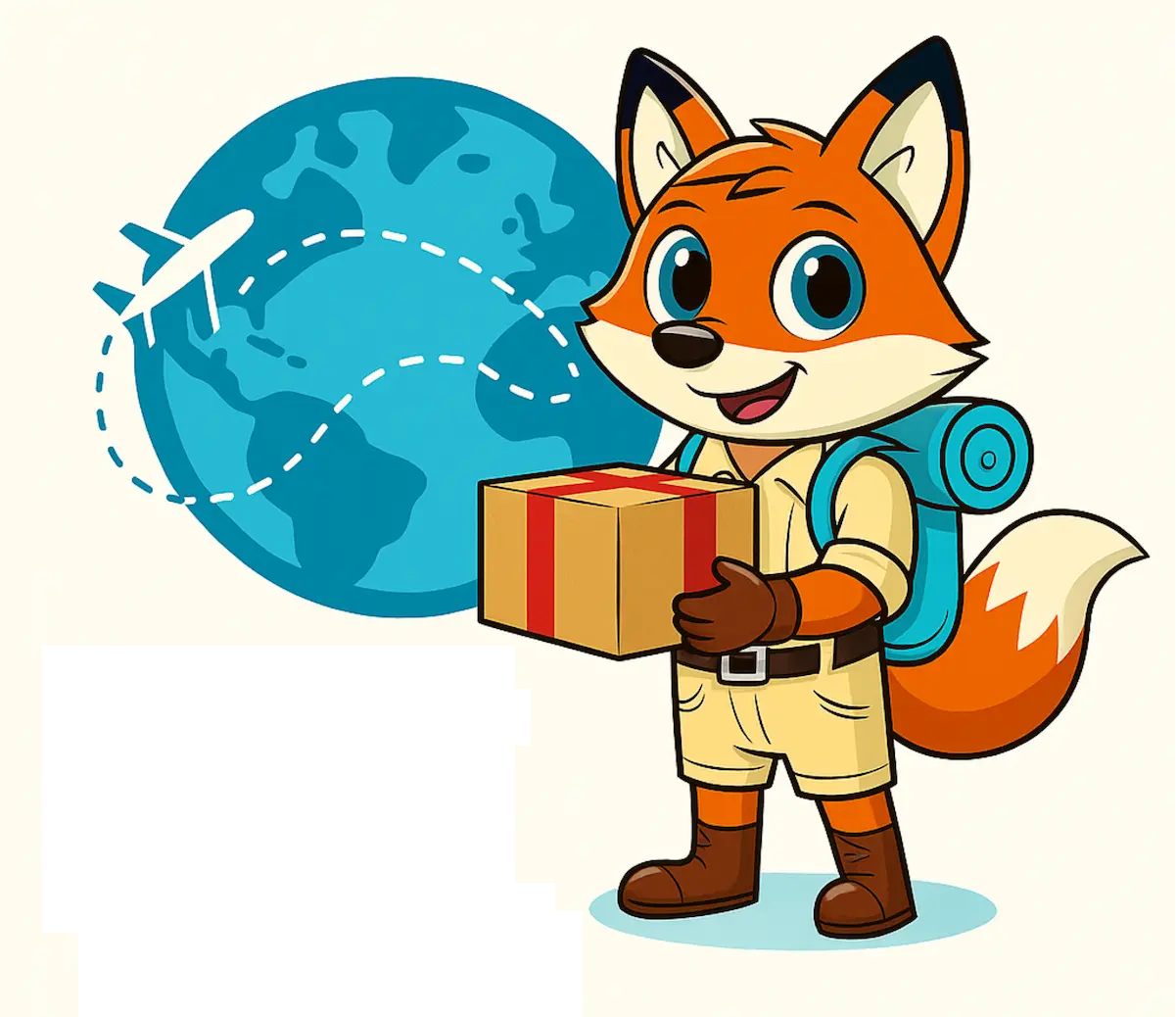 Finn the Fox with a globe under one arm and a wrapped gift in the other