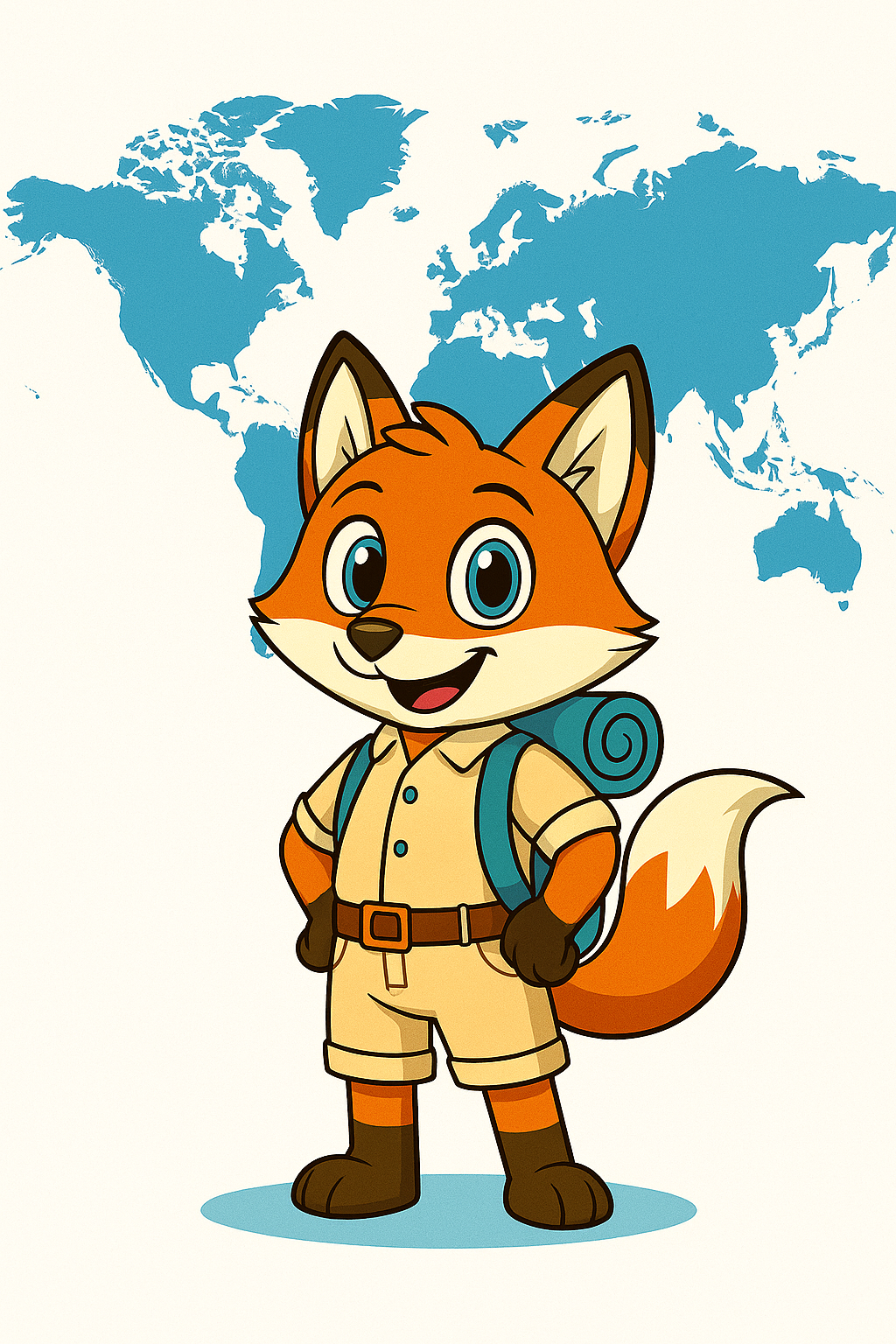 Meet Finn the Fox - Globe-trotting guide with explorer gear, backpack, and coins