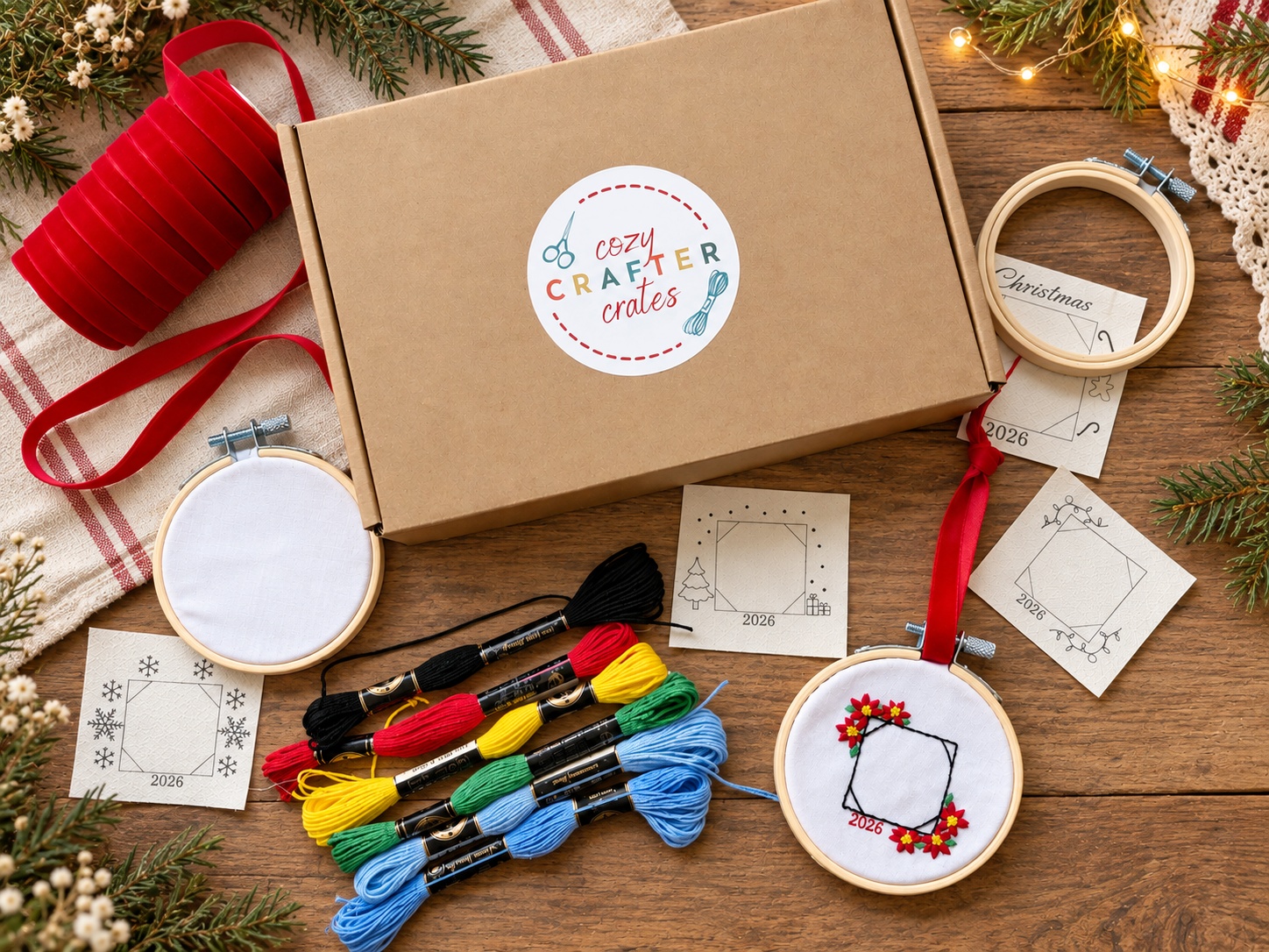 Full desk view of Mom's Holiday Embroidery Kit β all supplies for three Christmas photo ornaments Mom's Holiday Embroidery Kit spread across a craft desk with the box, embroidery hoops, colorful floss, ribbon, and three photo ornament templates