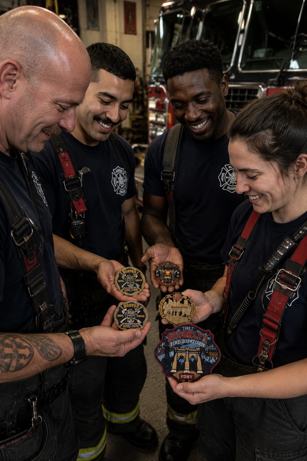 FD Collectors Club members showing off their challenge coin collection