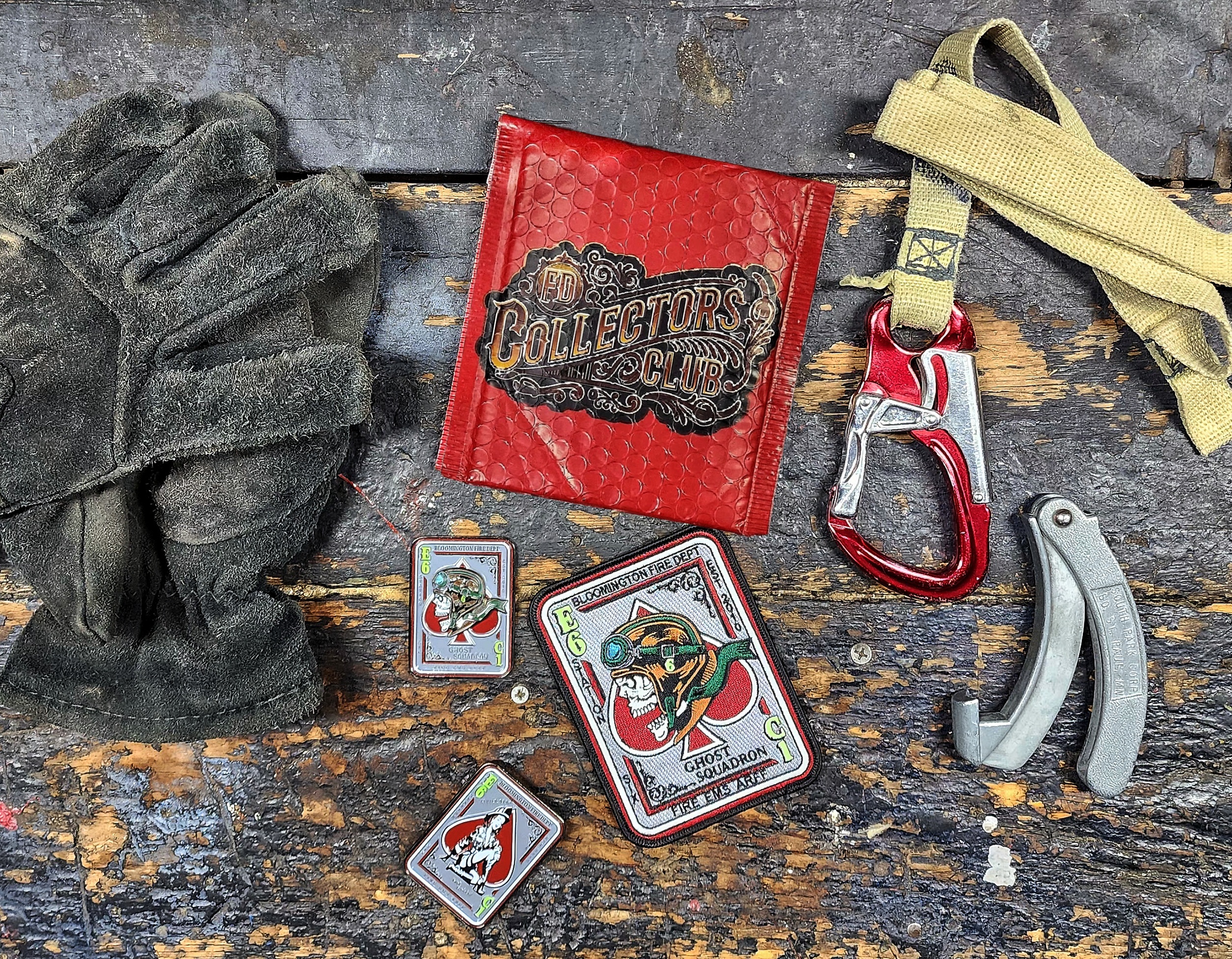 Firehouse challenge coins and embroidered patches from featured stations