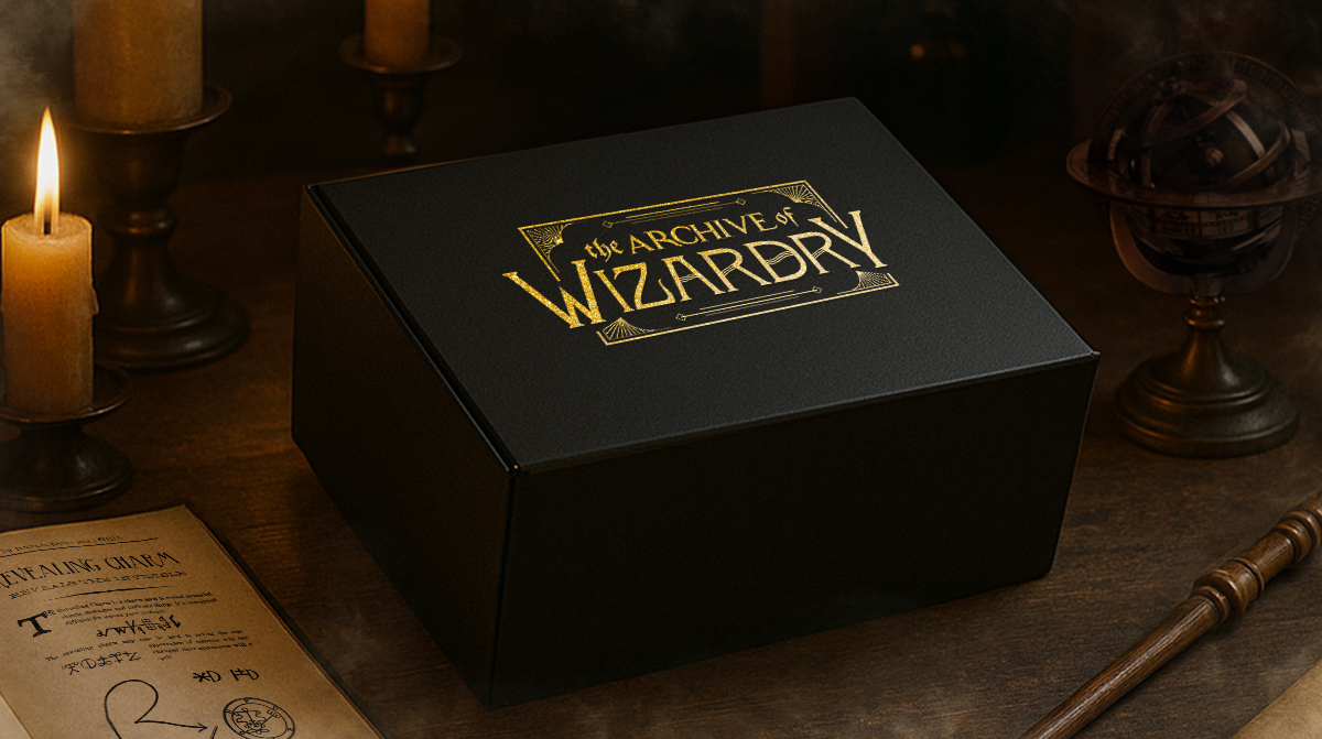 The Archive of Wizardry collector's box on a candlelit desk with magical props including wand, parchment, and astrolabe