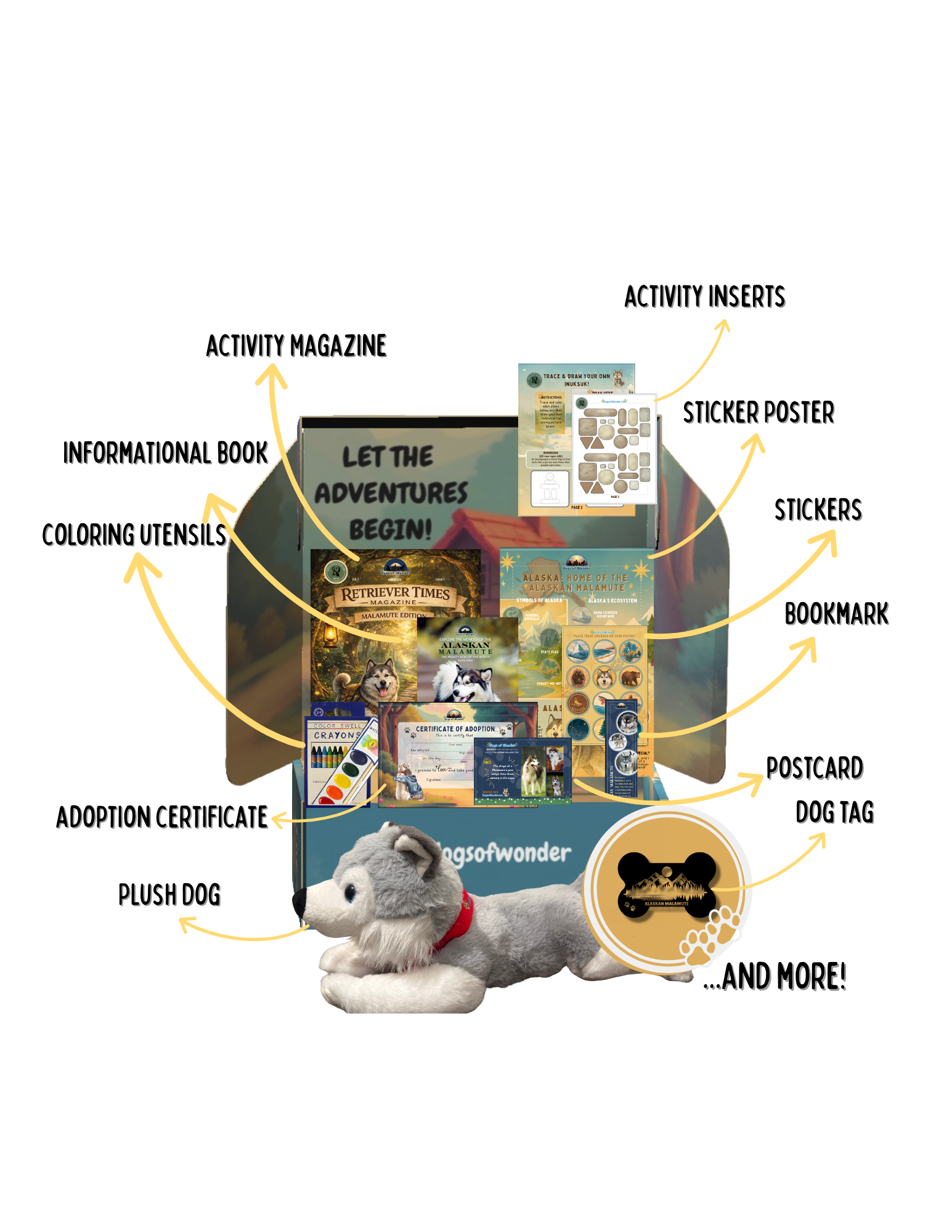 Dogs of Wonder contents with collectible plush dog character, activity magazine, stickers, poster, and more