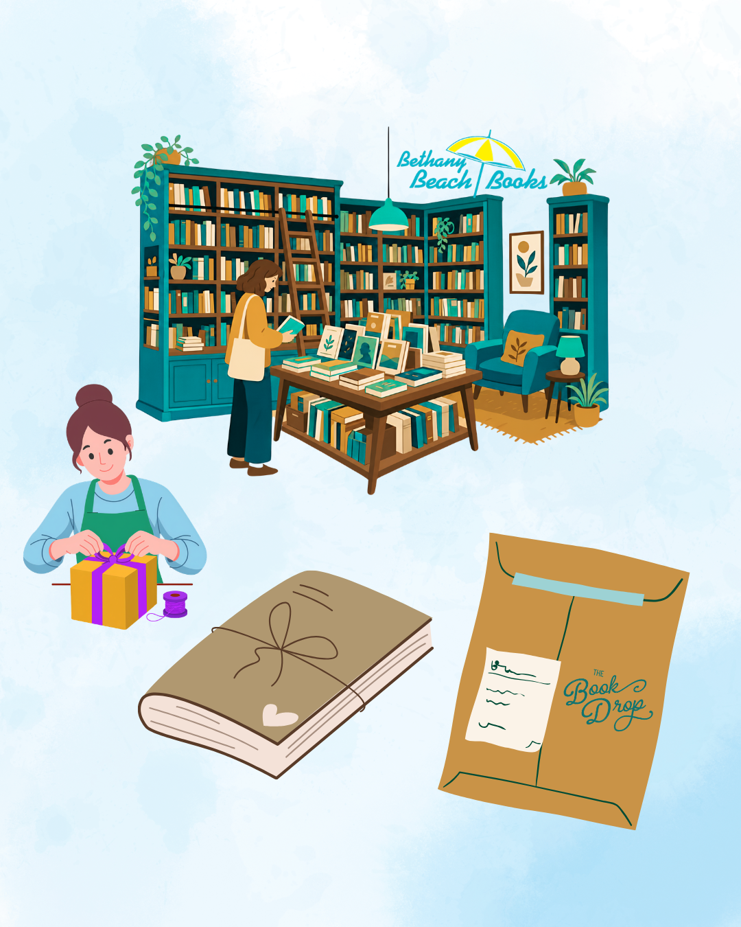 Illustration of a stack of colorful, floral books