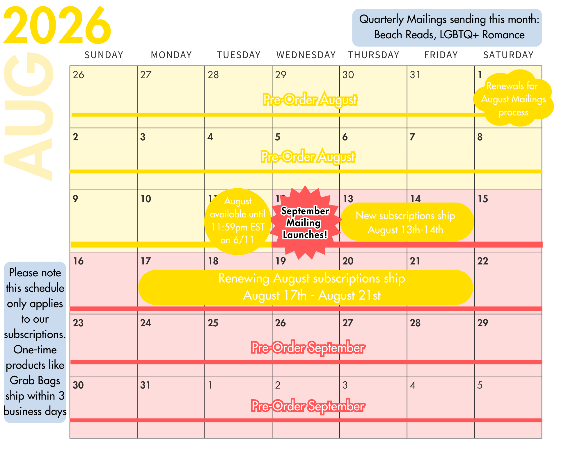 August 2026 shipping schedule