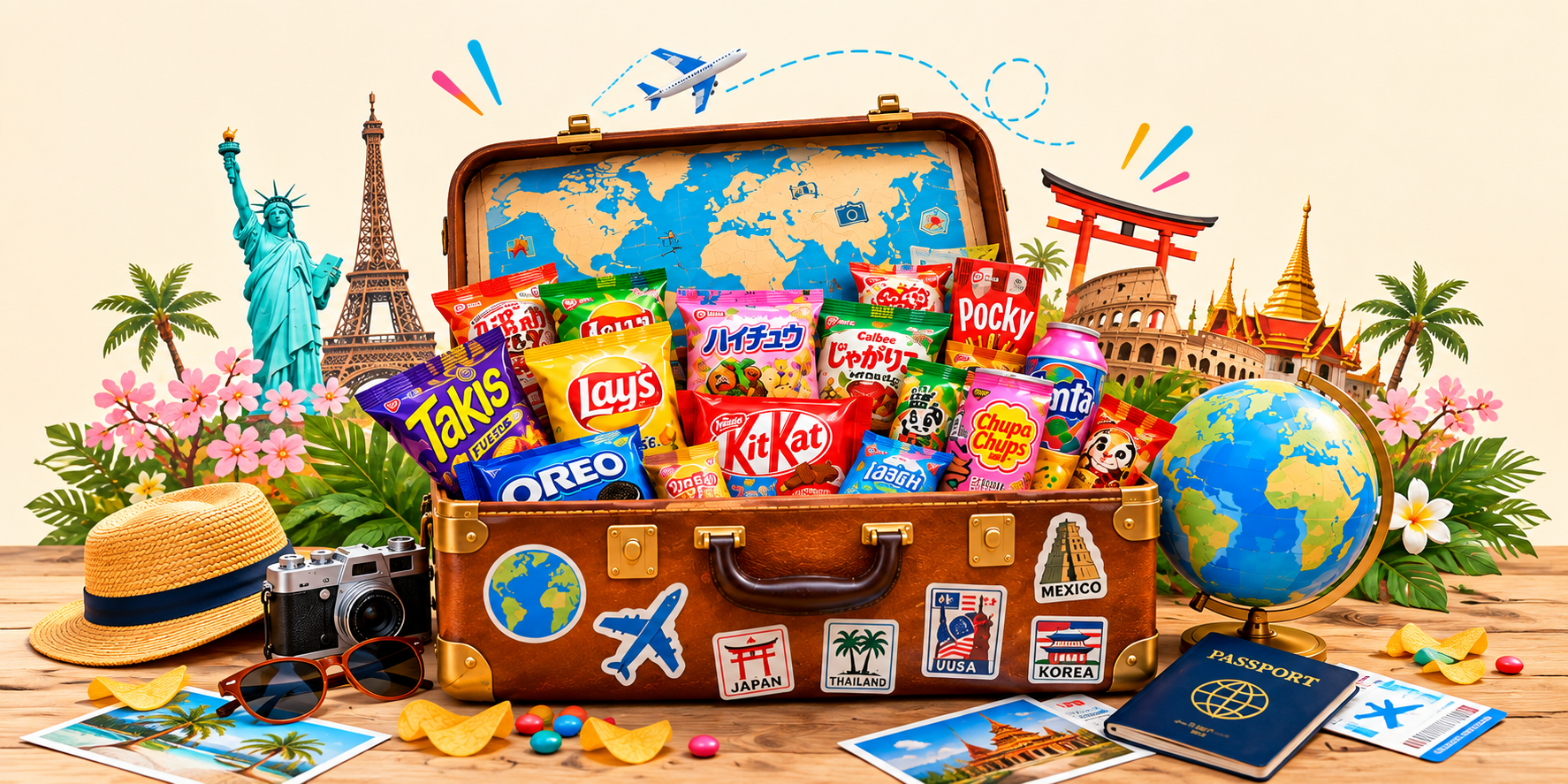 Snack'D suitcase filled with global snacks and travel landmarks
