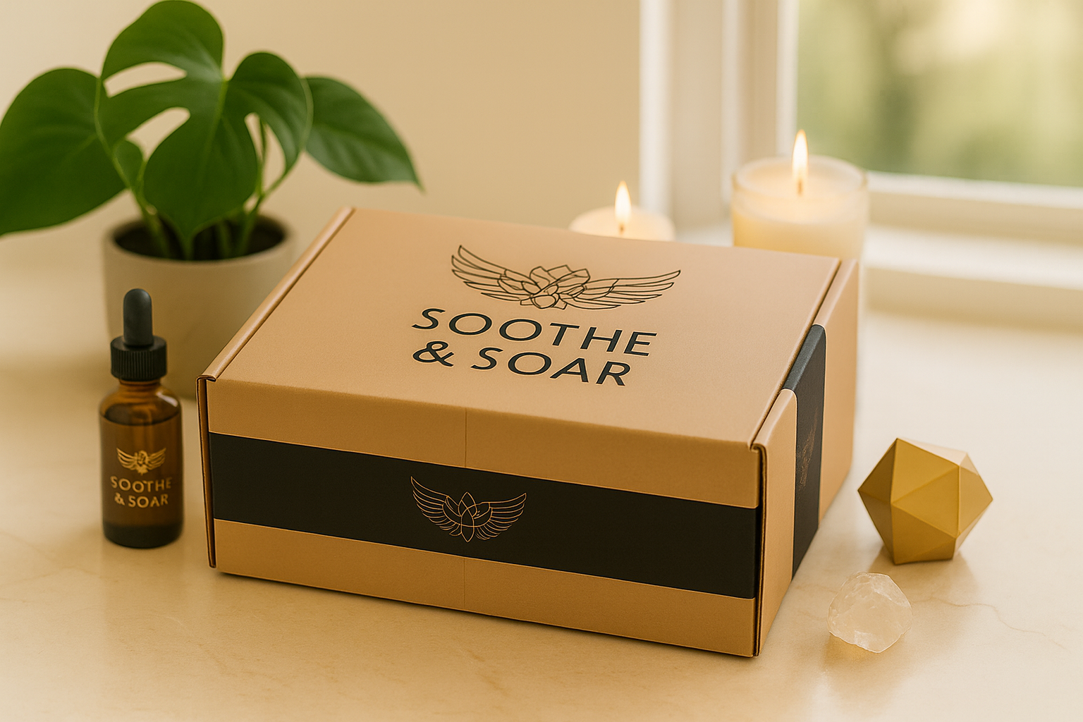 Soothe & Soar ritual box with candles and wellness items