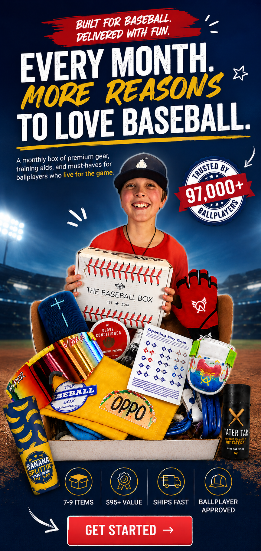 Baseball Box monthly gear subscription promotion for baseball players on mobile