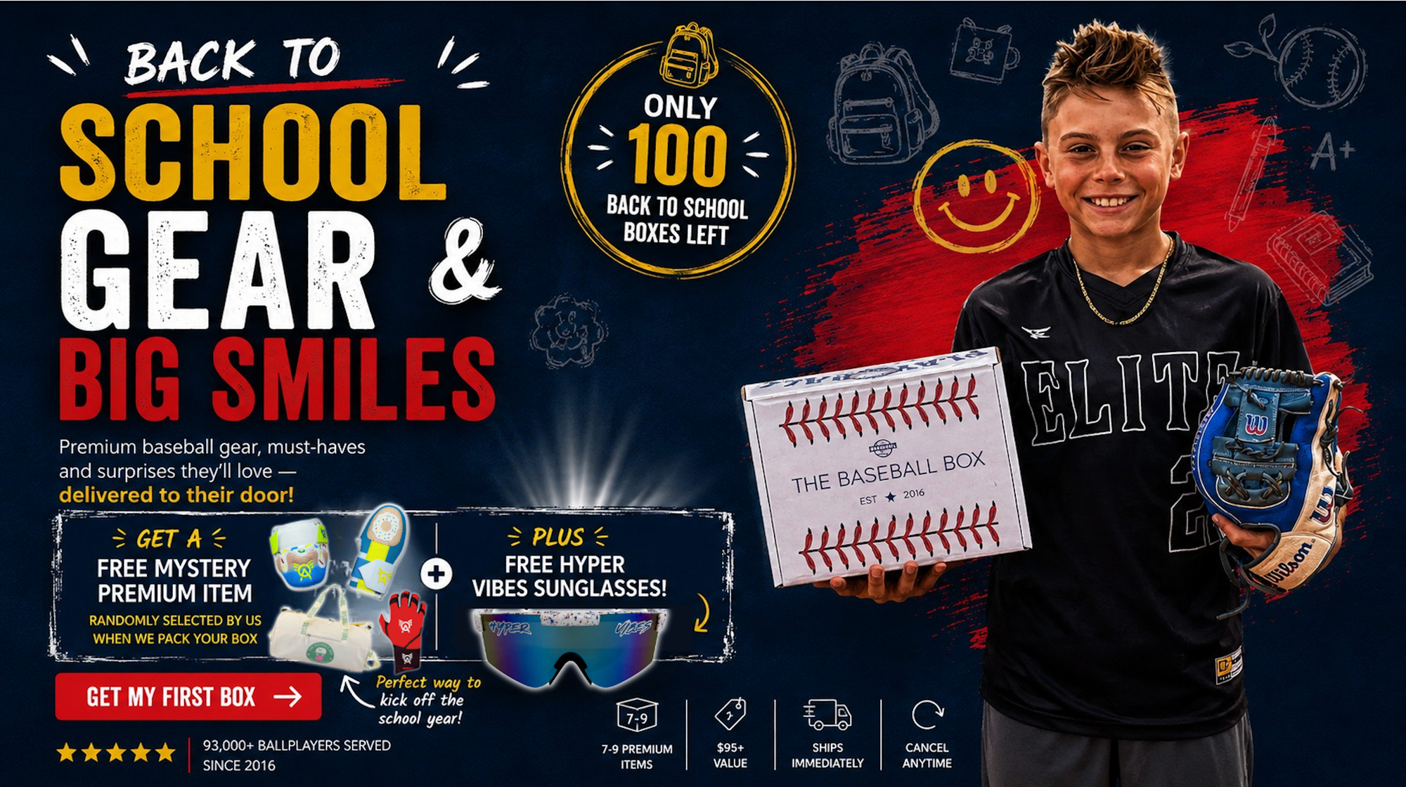 Back to school Baseball Box promotion with premium gear and Hyper Vibes sunglasses
