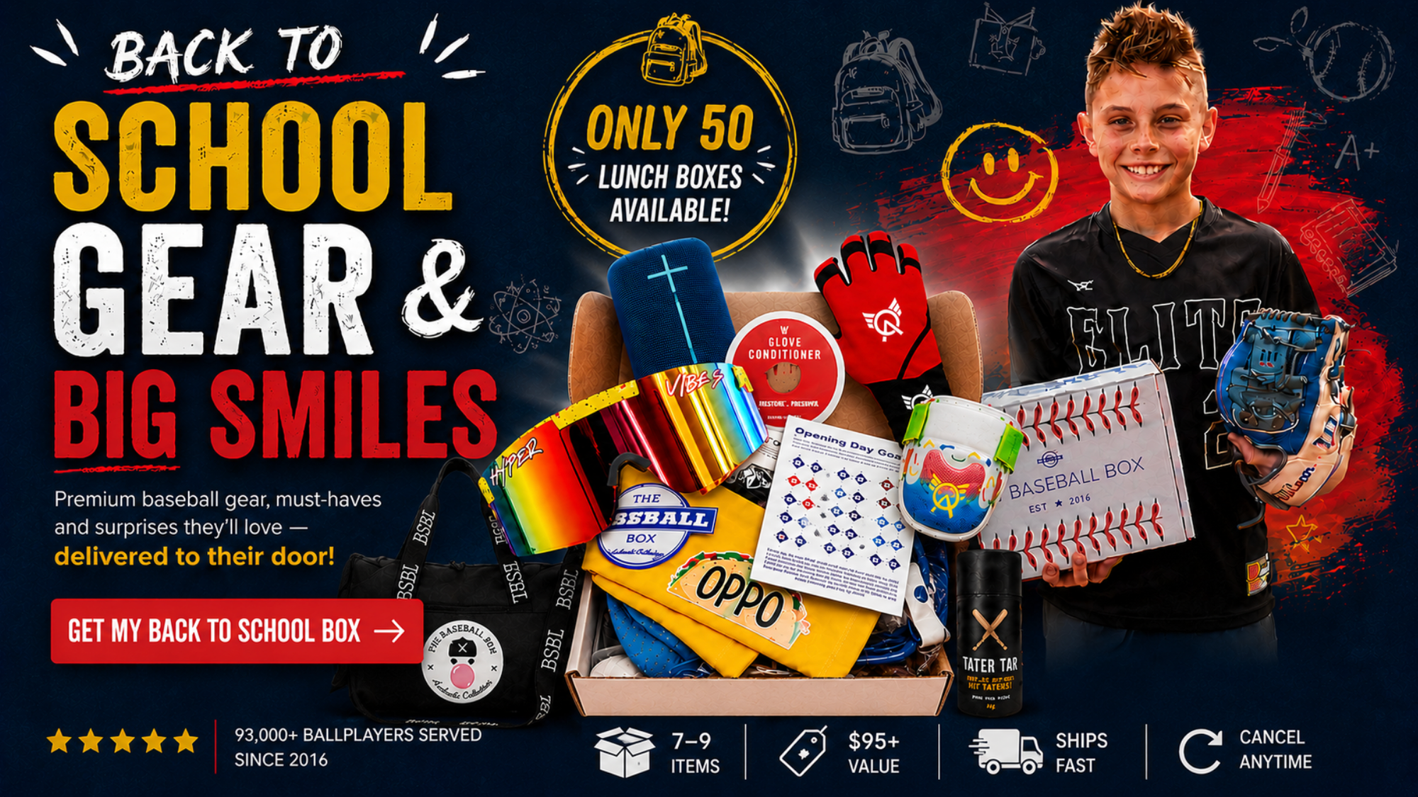 Back to school Baseball Box promotion with gear, a young baseball player, and a lunch box offer