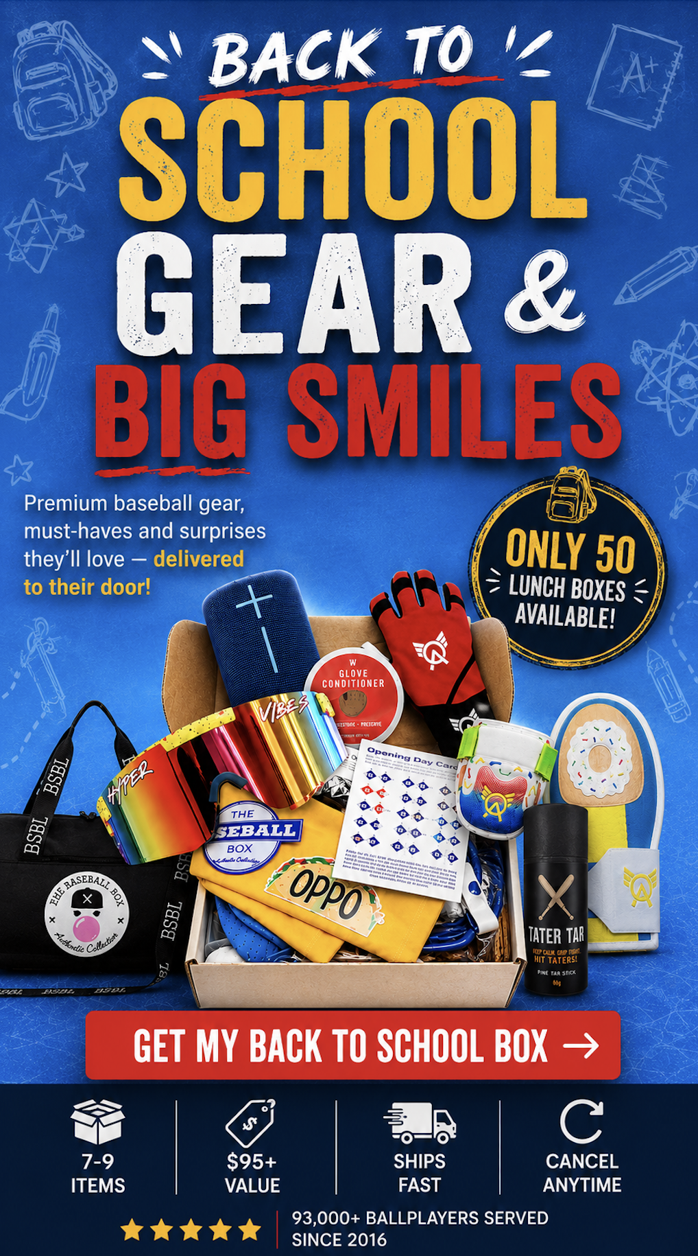 Back to school Baseball Box promotion with baseball gear and a lunch box offer