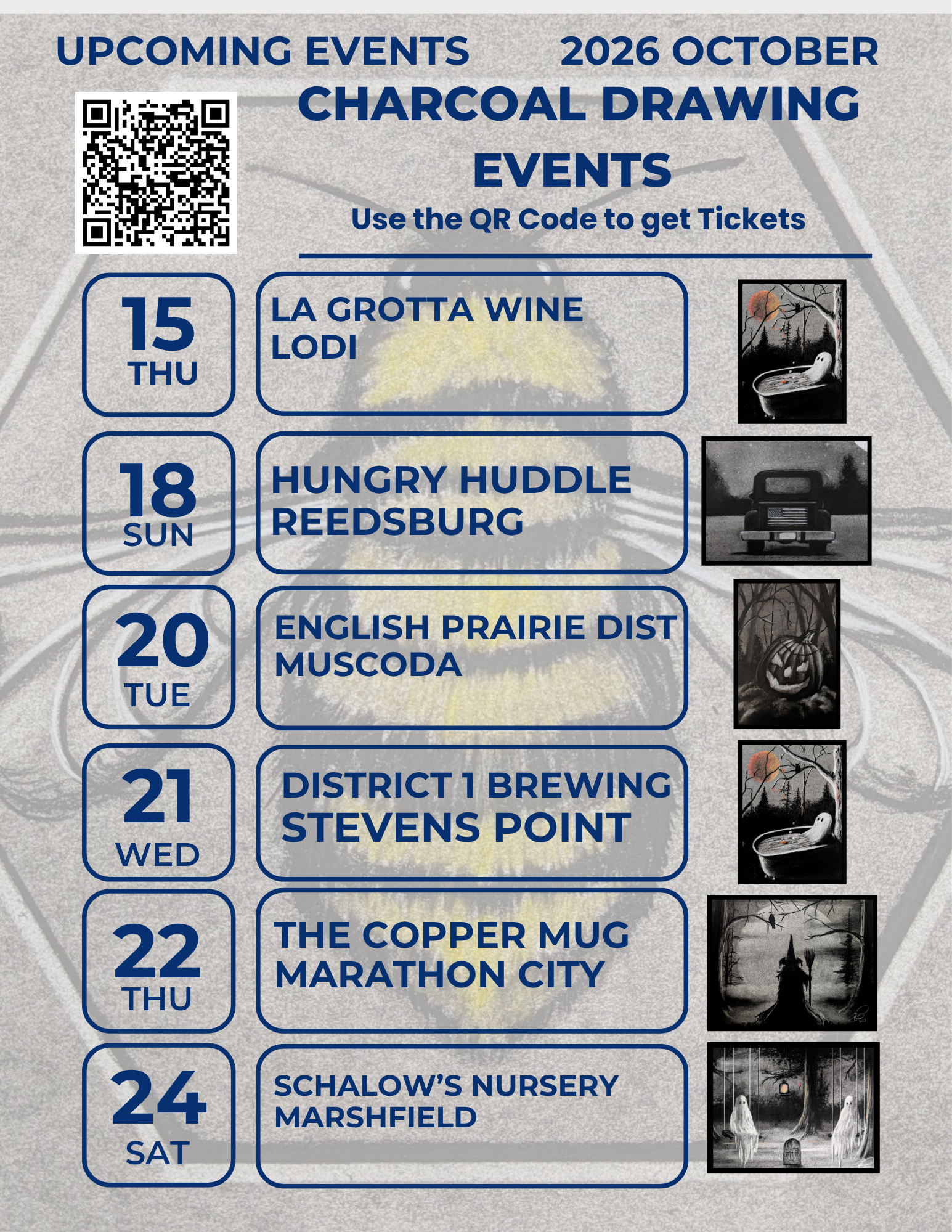 October 2026 charcoal drawing events in Lodi, Reedsburg, Muscoda, Stevens Point, Marathon City, and Marshfield