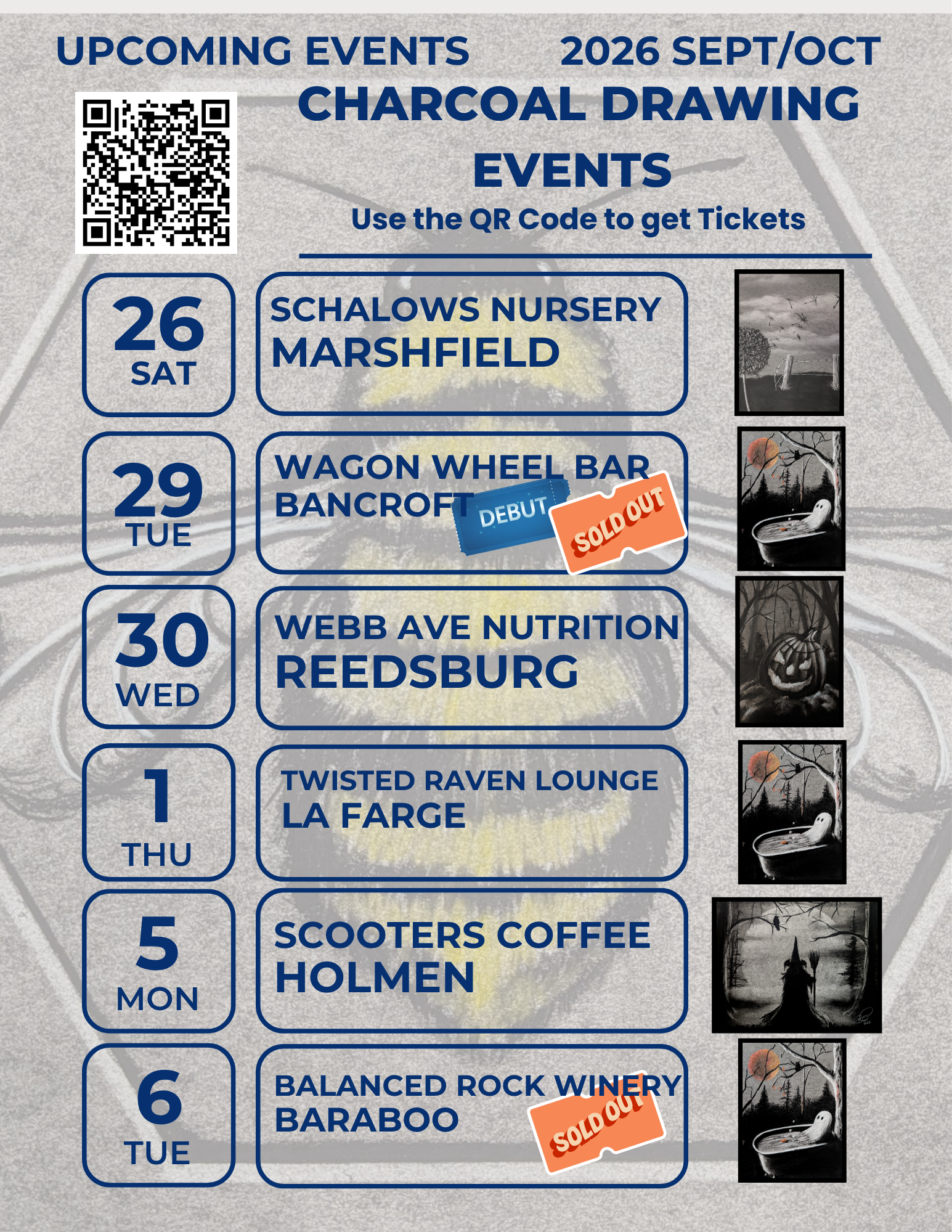 Upcoming September and October 2026 charcoal drawing events