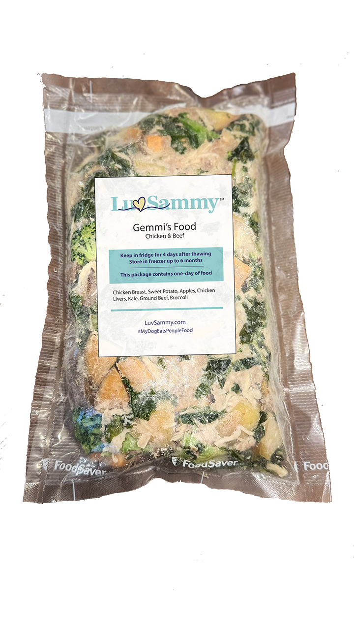 Luv Sammy frozen dog food bag on stone surface