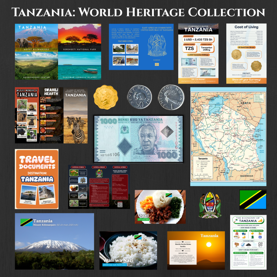 Coin & Currency Club box contents showing authentic currency, educational materials, and cultural items