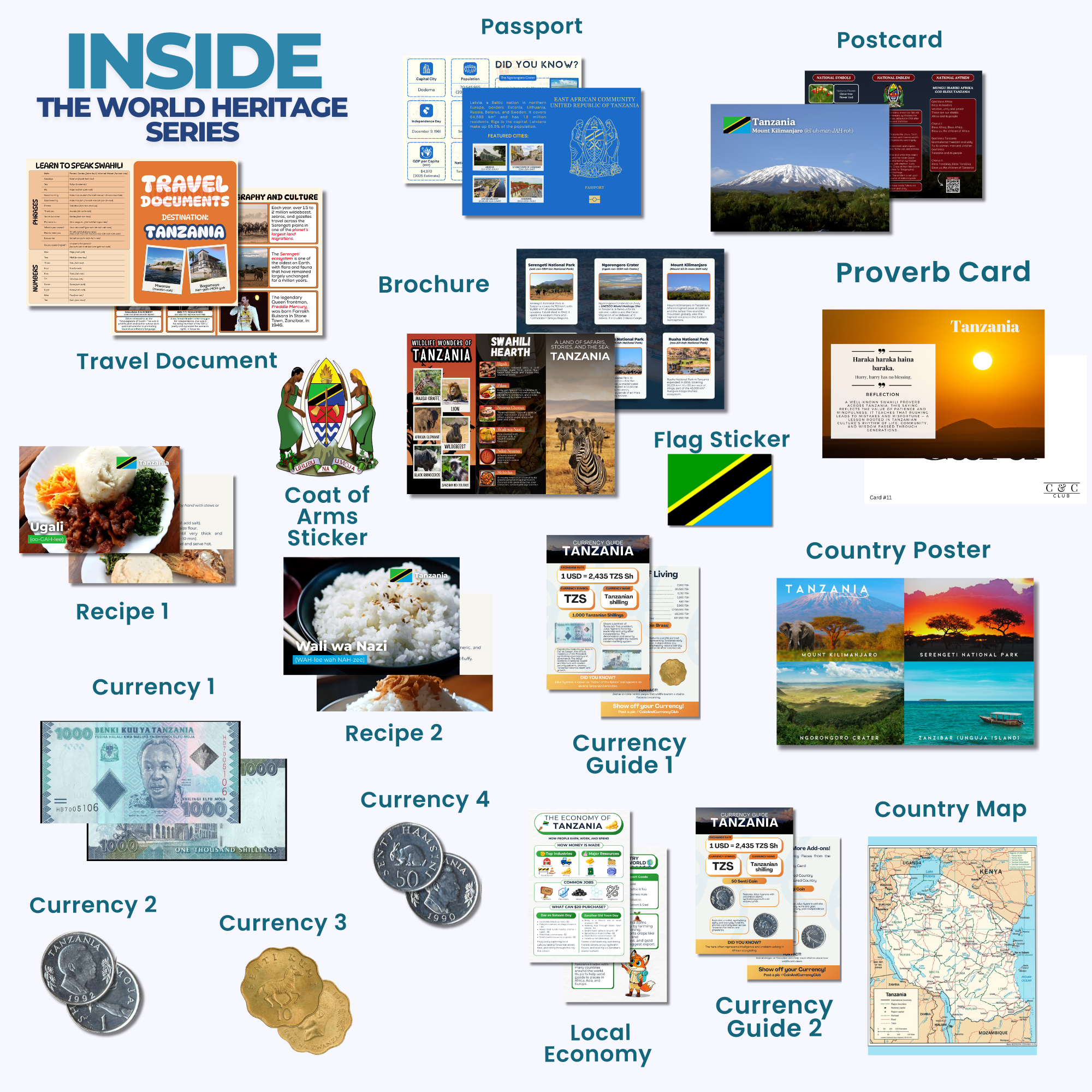 Coin & Currency Club box contents showing authentic currency, educational materials, and cultural items