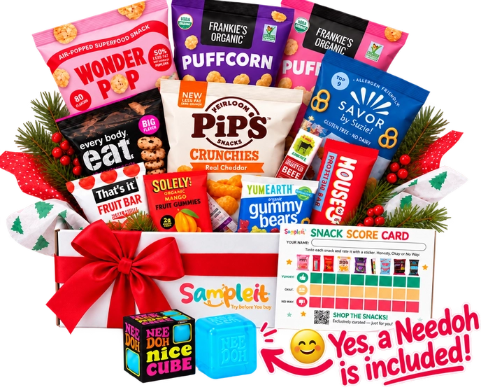 Sampleit holiday gift box with snacks and a snack score card