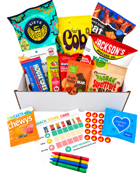 Sampleit snack box filled with better-for-you snacks, score card, stickers, and crayons