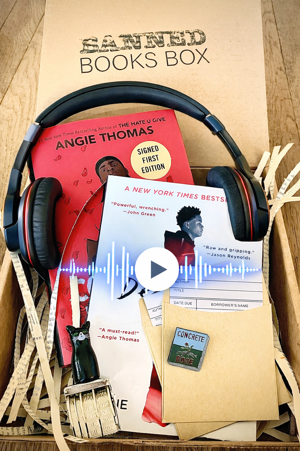 Banned books with headphones for audiobook listening