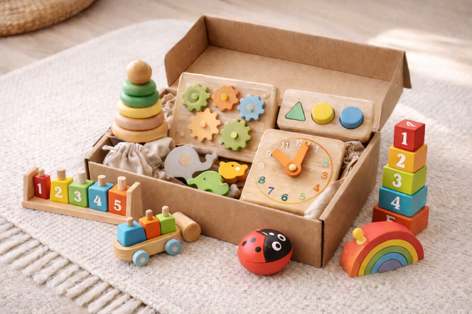 Happy children playing with colorful educational toys