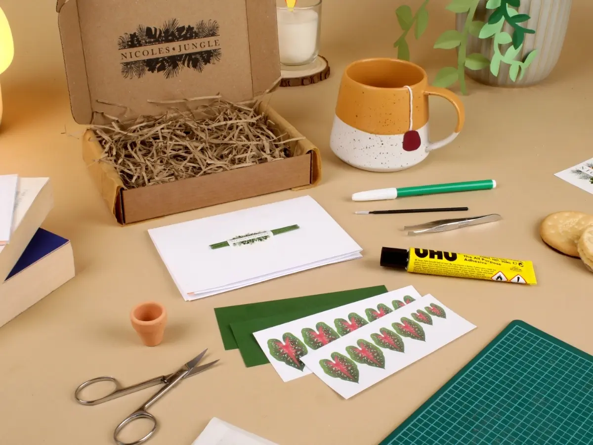 Monthly Paper Plant Club kit flat lay showing plant parts, pot and tools