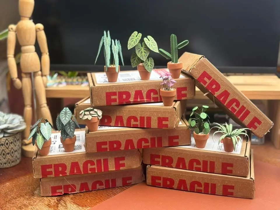 Finished handmade paper plant on display