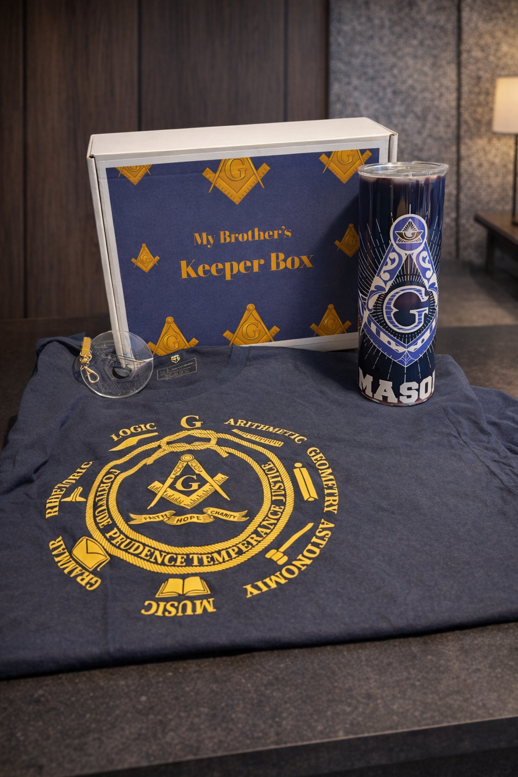 My Brother's Keeper Box contents laid out with Masonic items