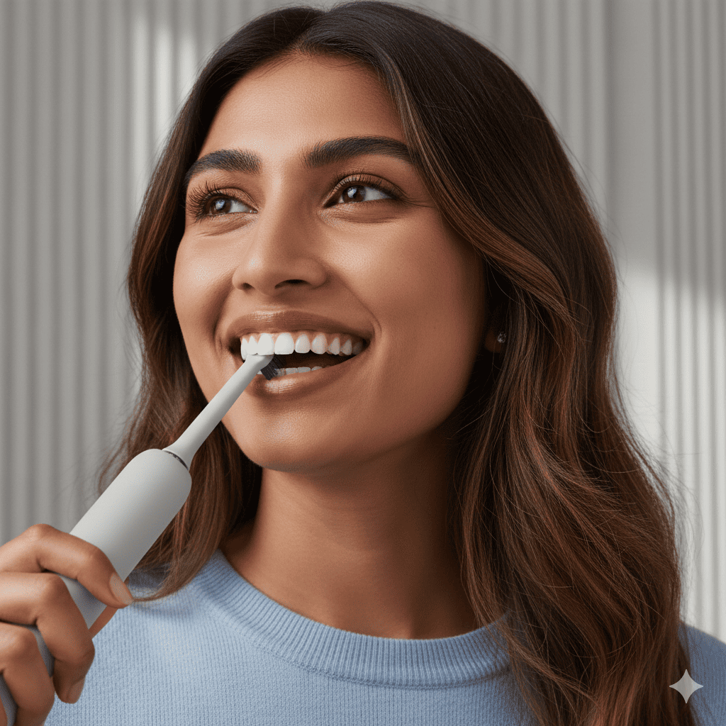 Person brushing teeth with Qivo toothbrush