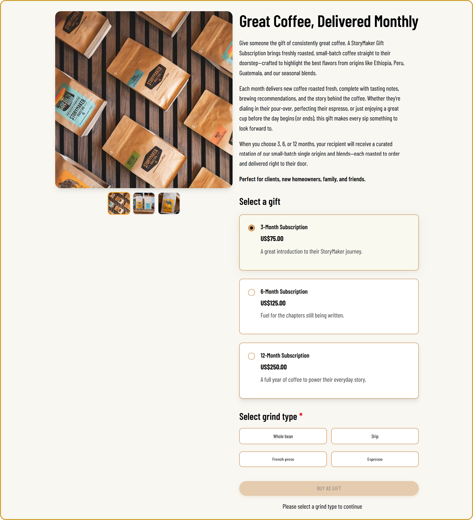 Gift Subscription Flow with Grind Selection screenshot
