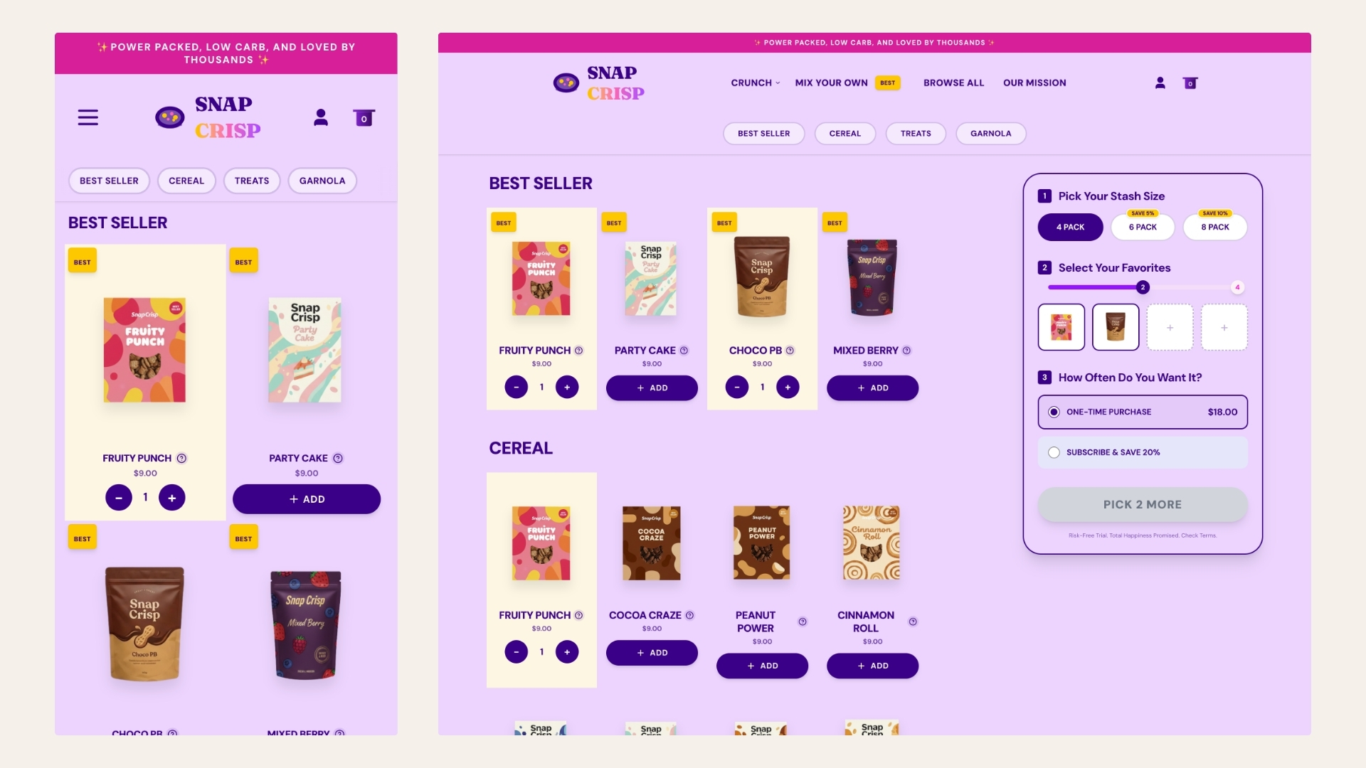 Snack subscription box website built on Subbly for Snap Crisp by Subcrafted