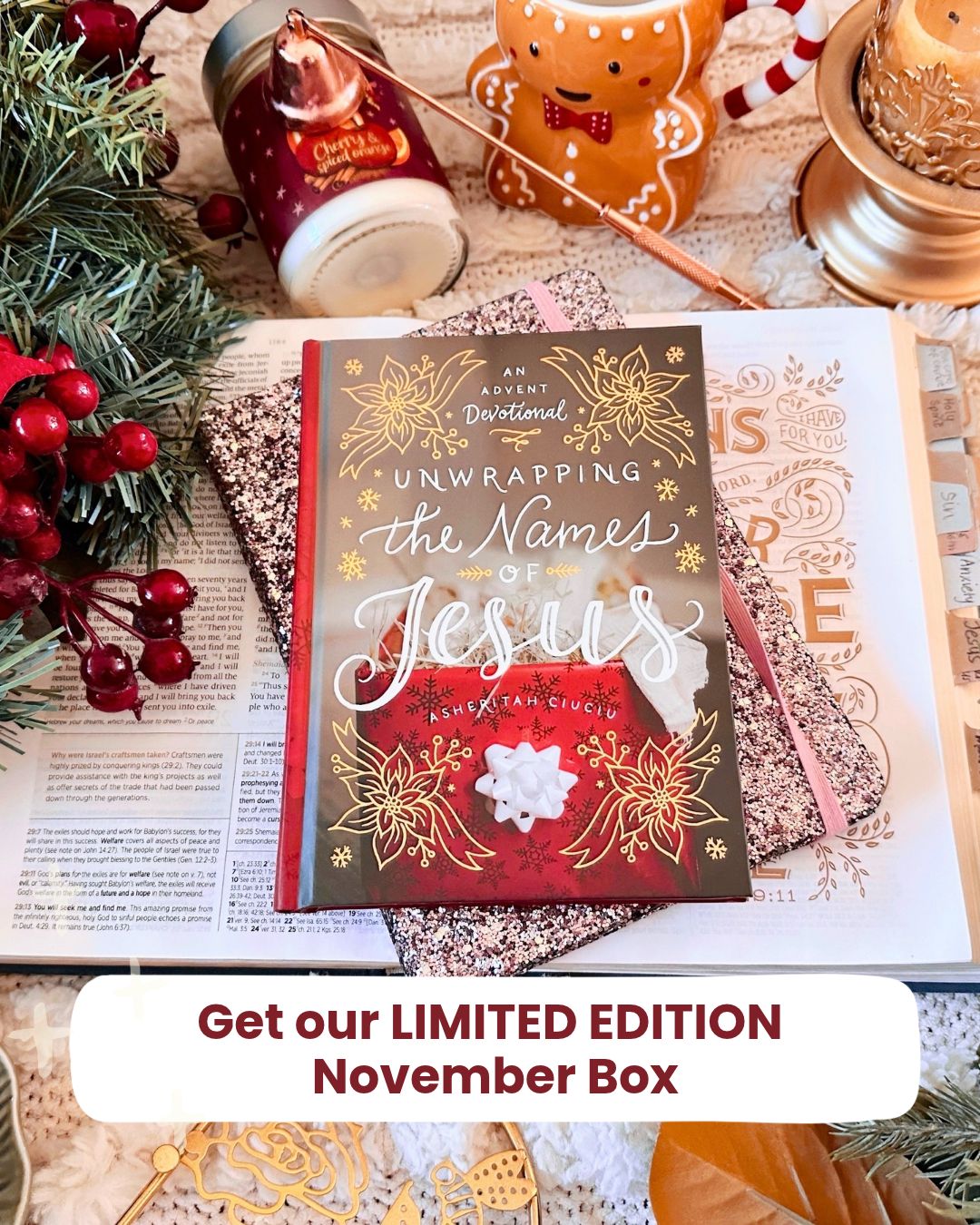 November Unwrapping the Names of Jesus Advent Box featuring the devotional and faith-filled gifts