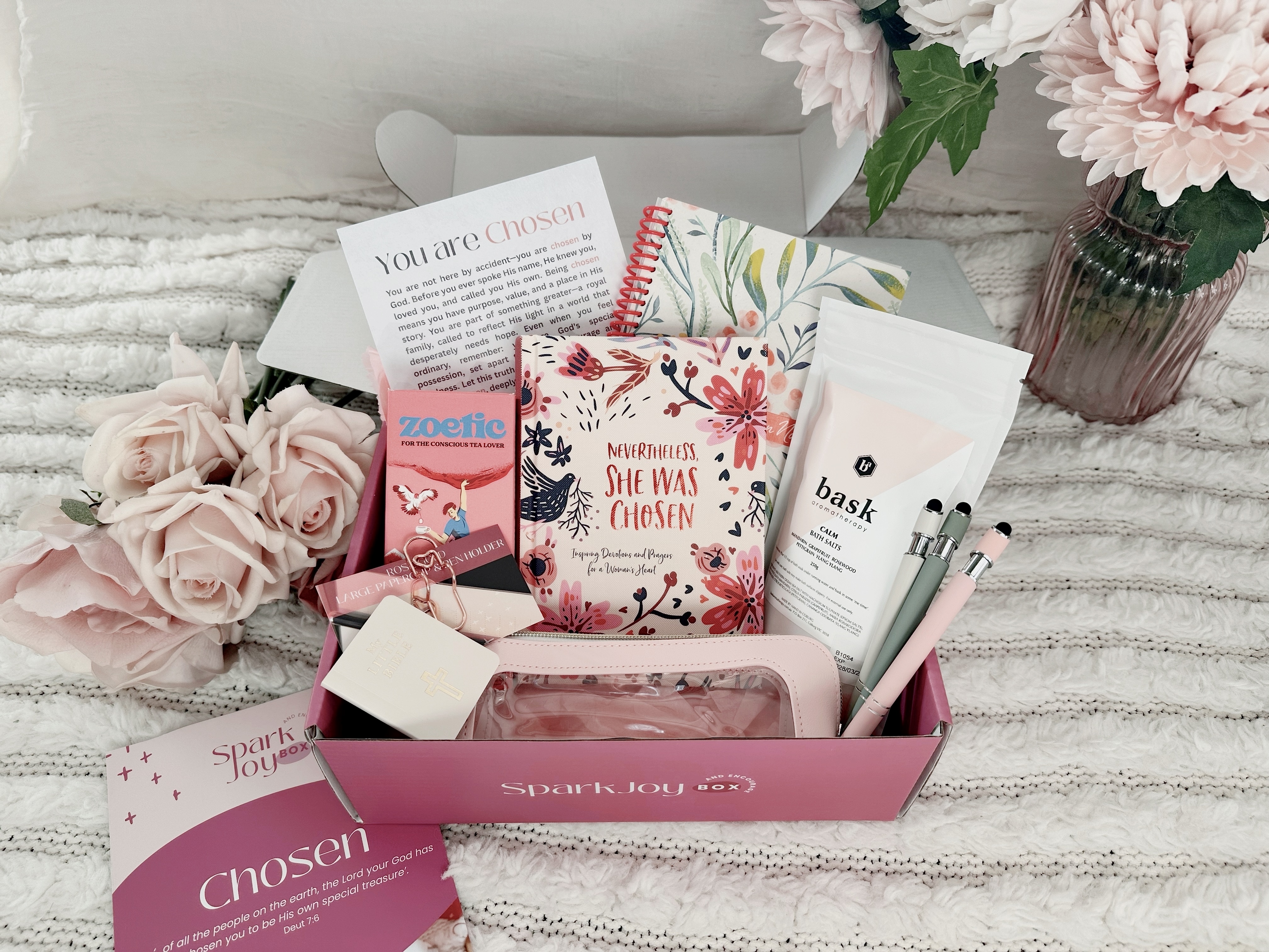Spark Joy & Encourage subscription box with devotionals and scripture-based gifts