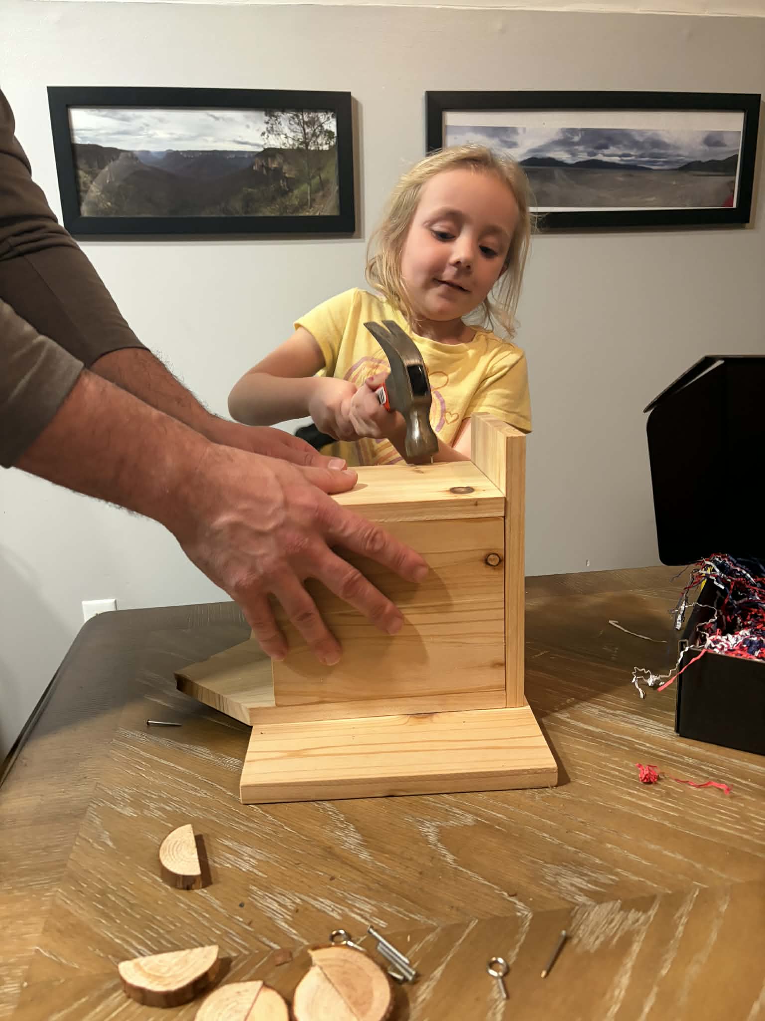 Dad helping child hammer nails into a wooden birdhouse project