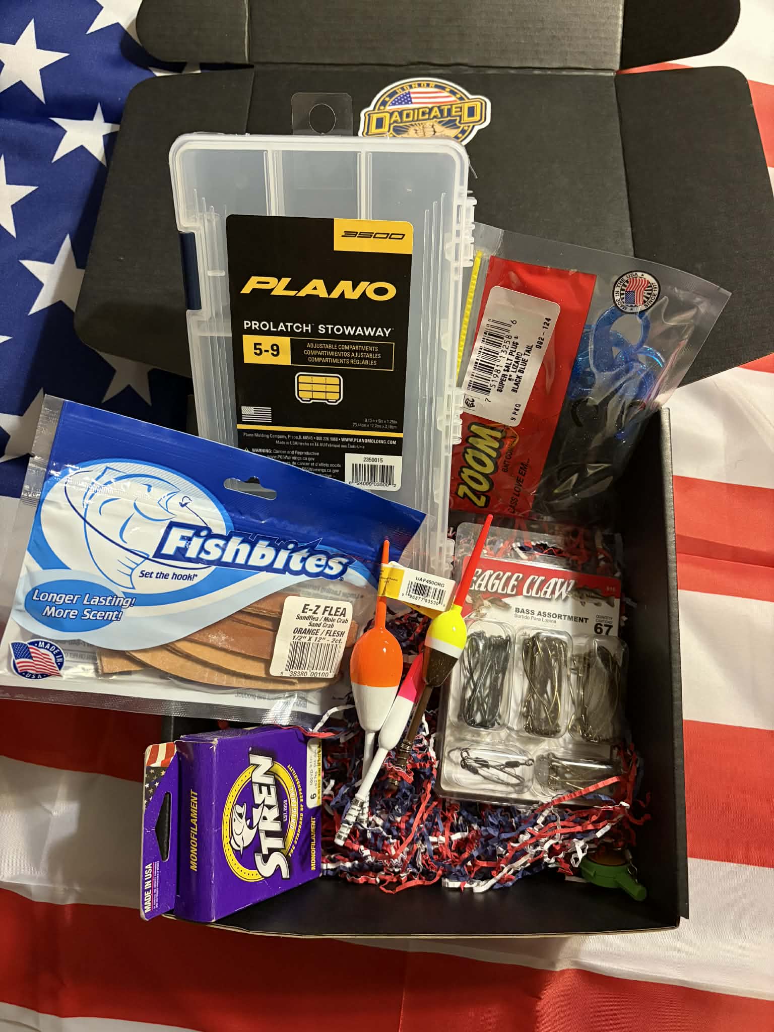 DADicated fishing box with Plano tackle box, Fishbites bait, hooks, bobbers, and fishing line
