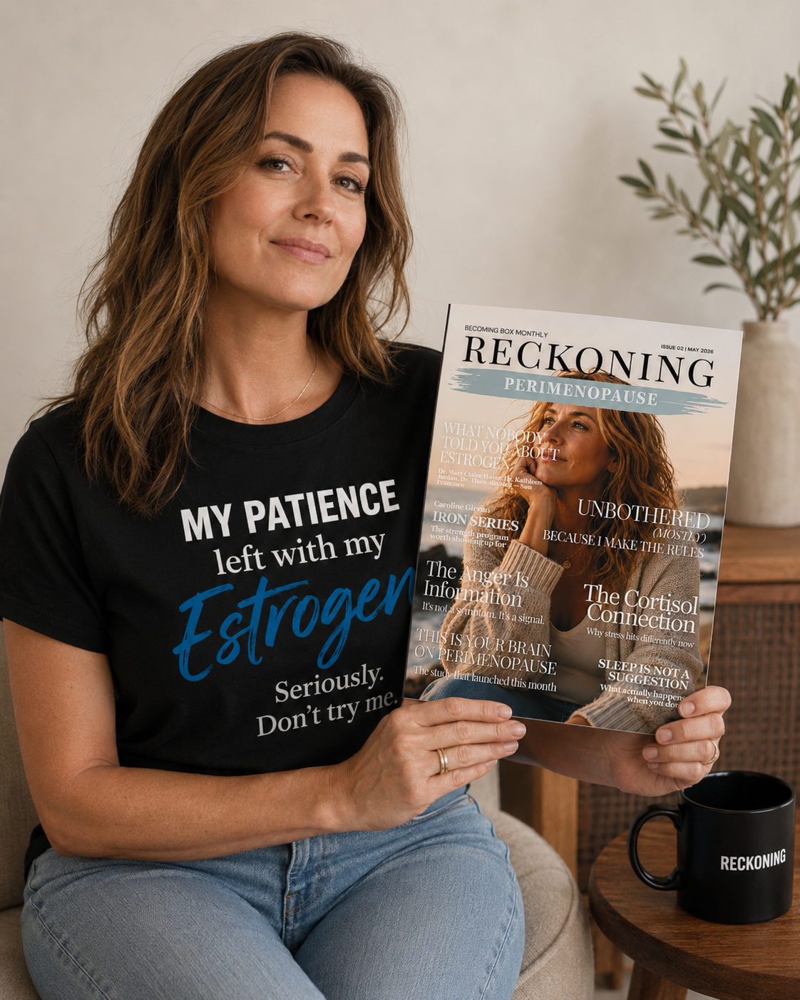 A woman wearing a Reckoning statement shirt — bold, grounded, and unapologetic