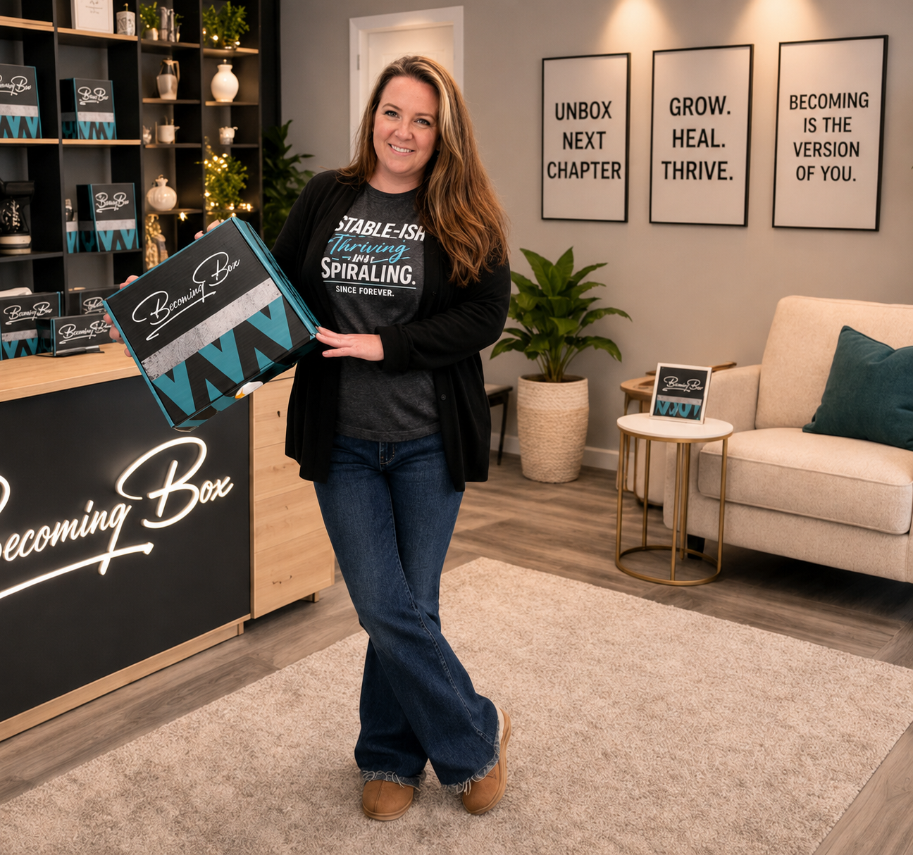A woman reading Becoming Box publication