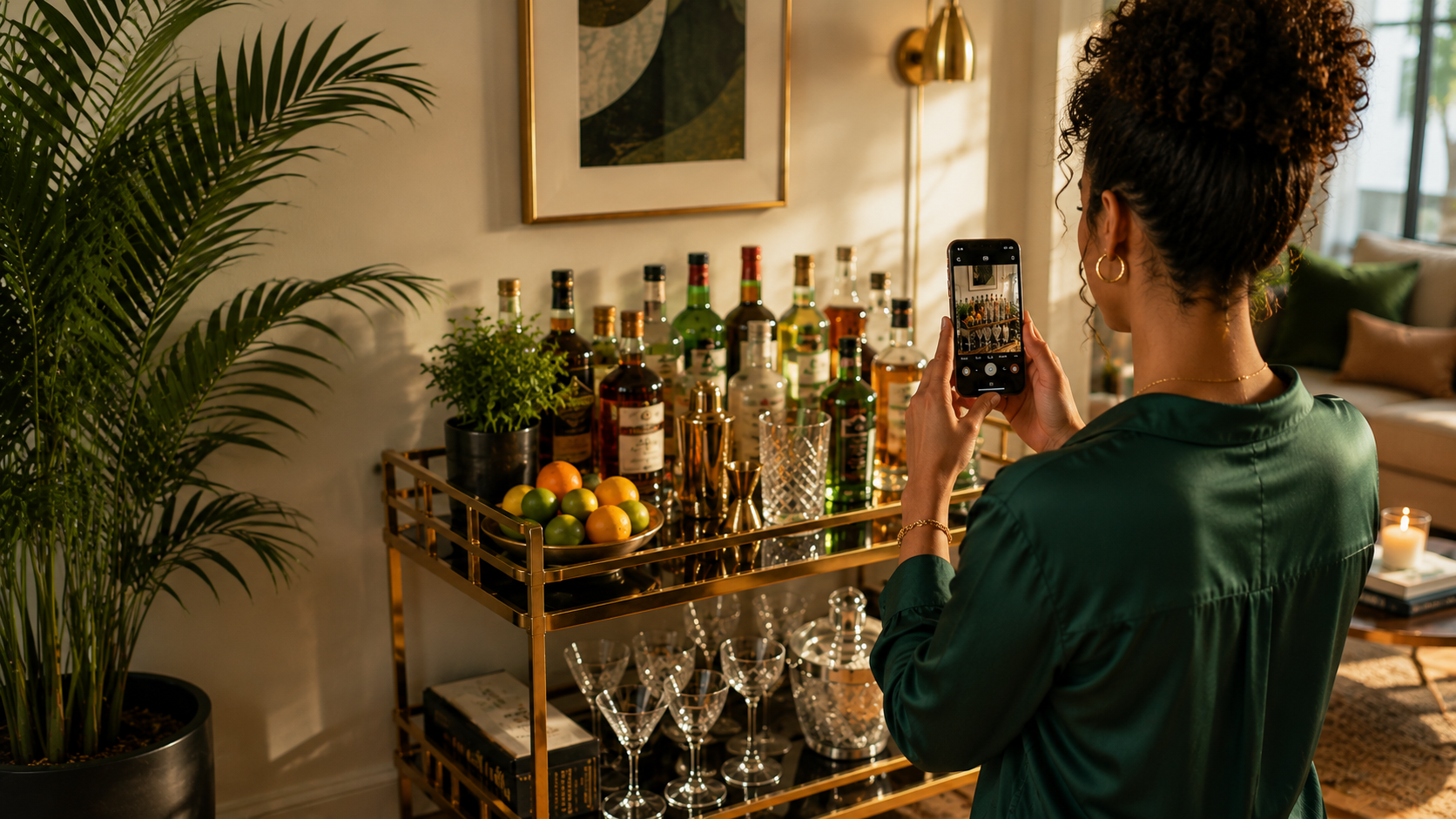 A home bar cart with bottles and glassware as someone photographs it with a phone