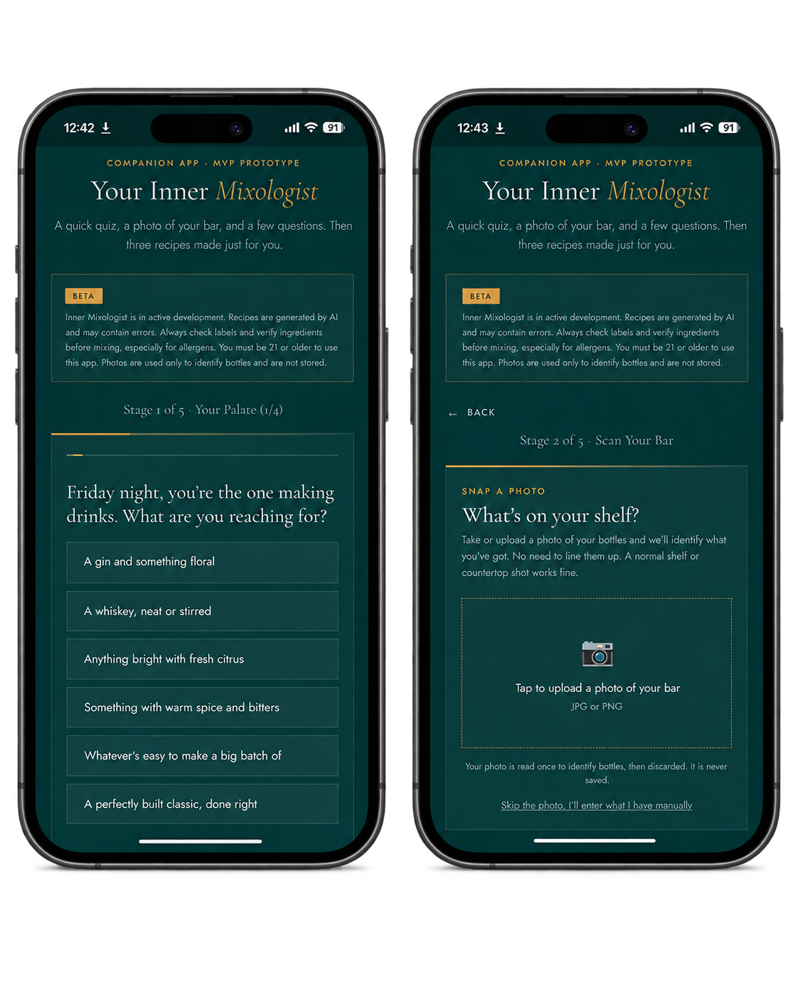 Two phone screens showing the Inner Mixologist companion app beta prototype