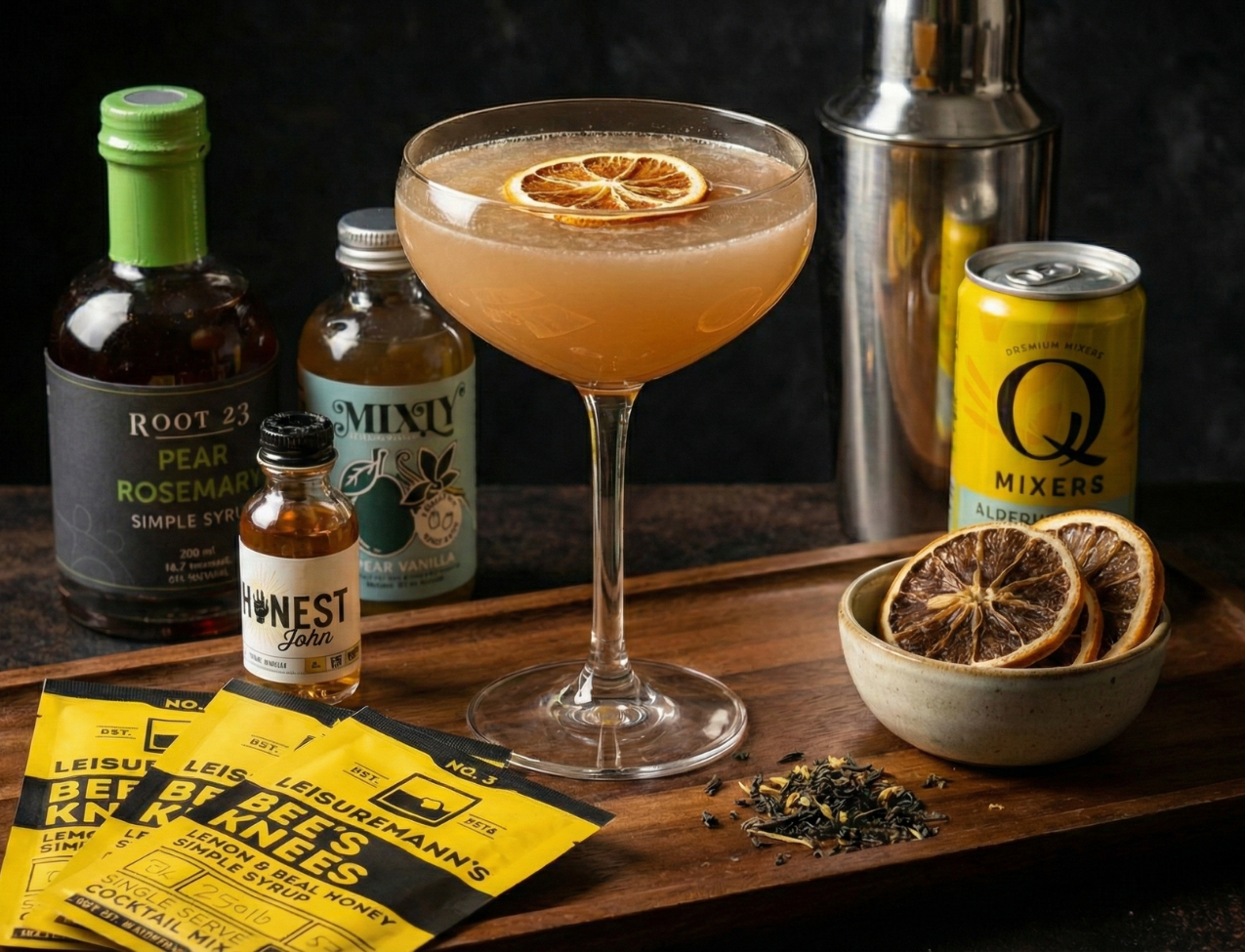 Artisan cocktail ingredients including small-batch syrups, exotic bitters, and bespoke garnishes