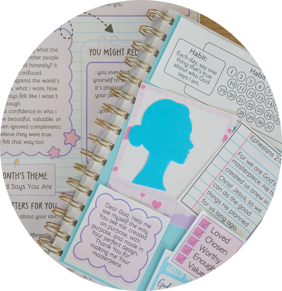 A girl journaling with a Her Blessed Letters creative journaling kit