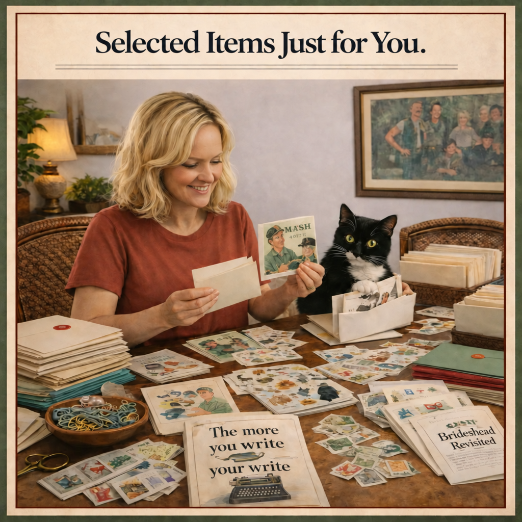 Selected Items Just for You — Karen and Ink choosing illustrated cards, stickers, and paper treasures