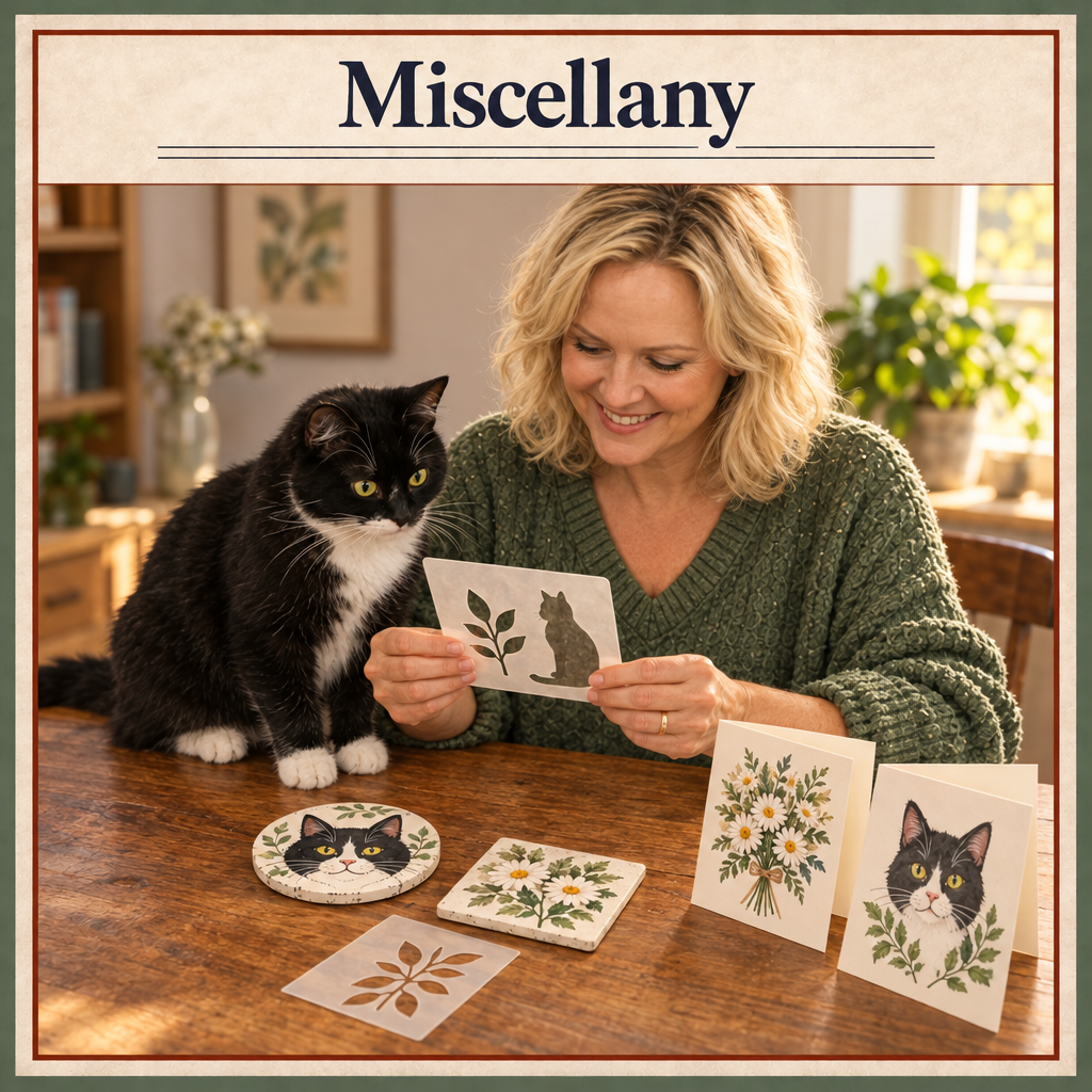 Miscellany — Karen in a green sweater and Ink the tuxedo cat examining stencils beside handmade coasters and illustrated greeting cards on a clear wooden table