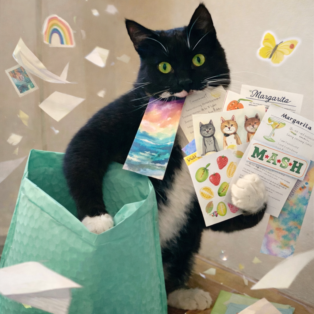 Ink the tuxedo cat helping stuff an envelope