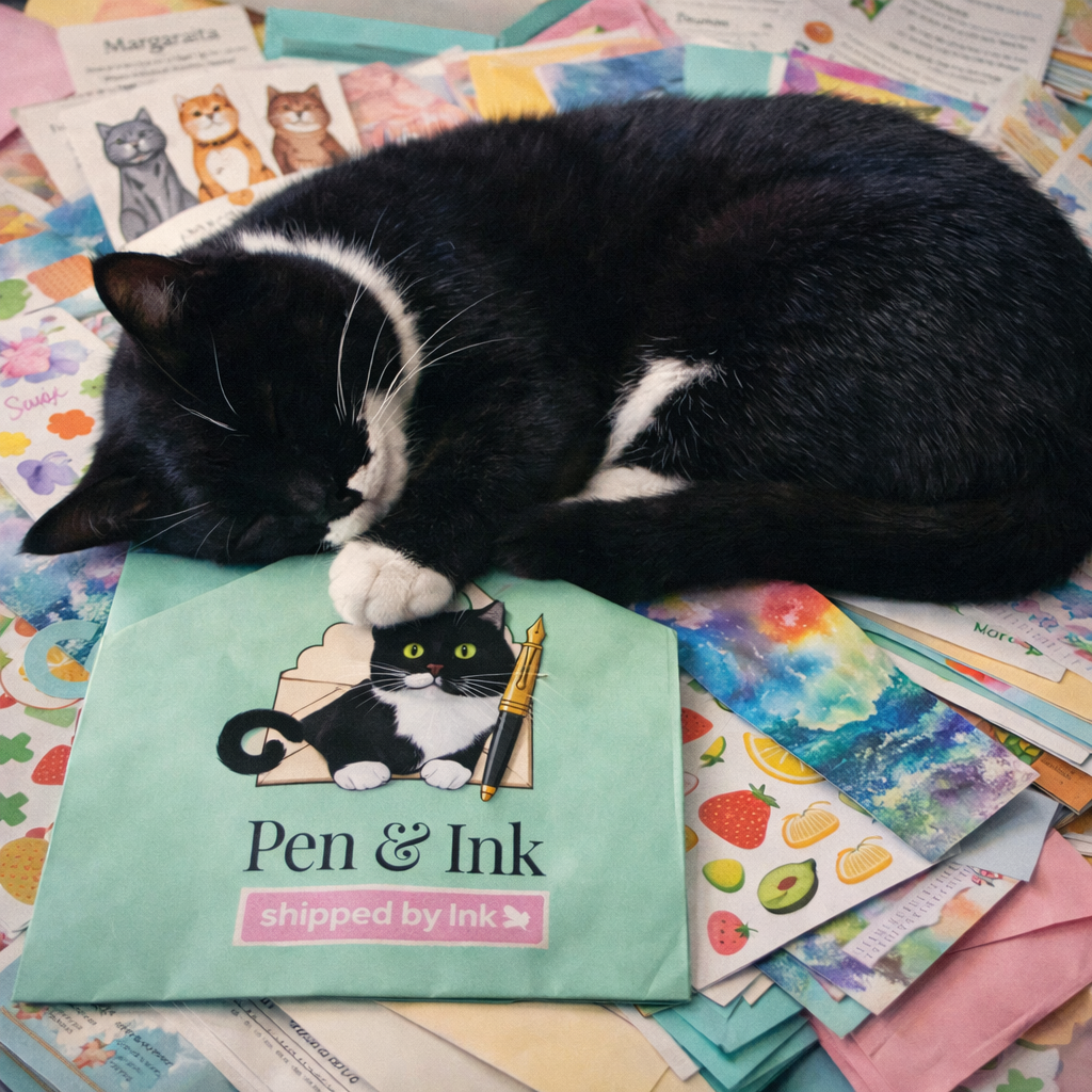 Ink the tuxedo cat ready to ship happy mail