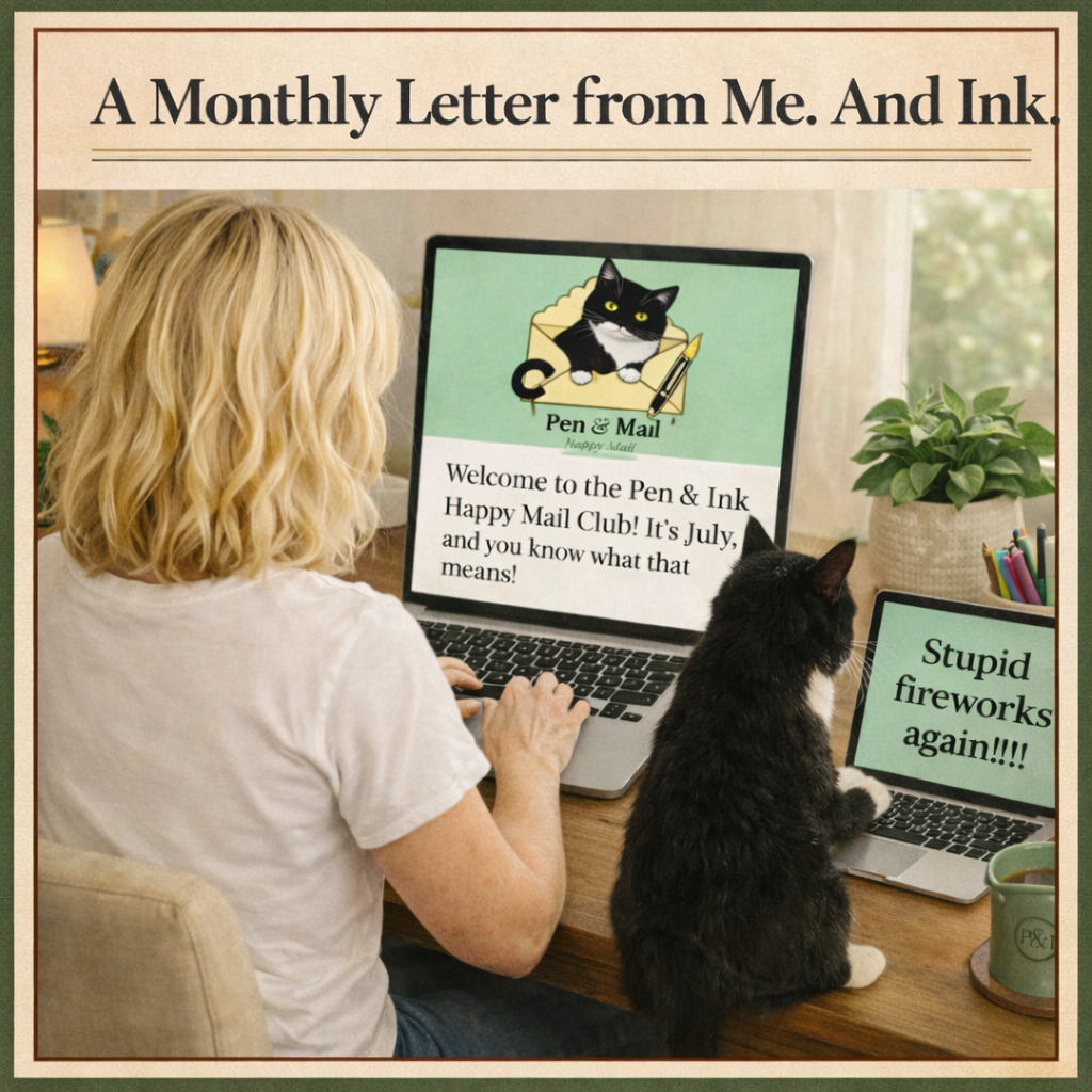 A hand-typed monthly letter card from Karen and Ink the cat