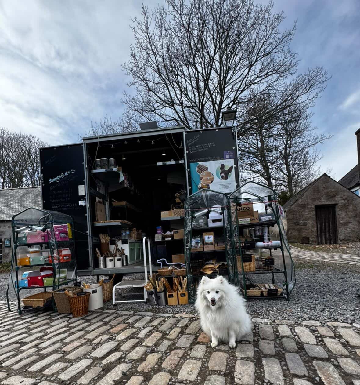 Bailey's Bites food truck with fluffy white dog