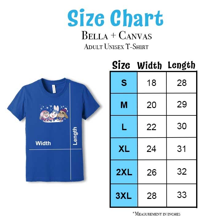 Bella + Canvas Unisex Jersey T-Shirt Size Chart showing measurements for sizes S through 3XL