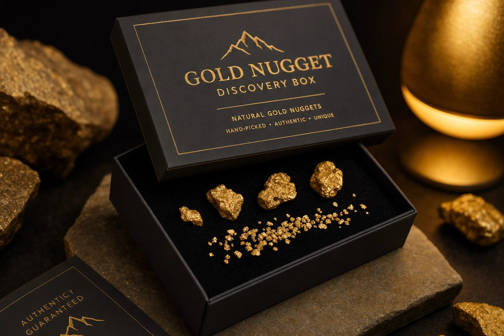 Discovery Box containing 1–2 grams of hand-selected natural gold nuggets