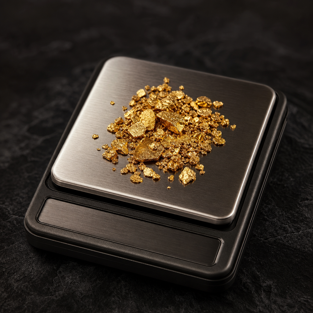 Scrap gold pieces weighed on a scale