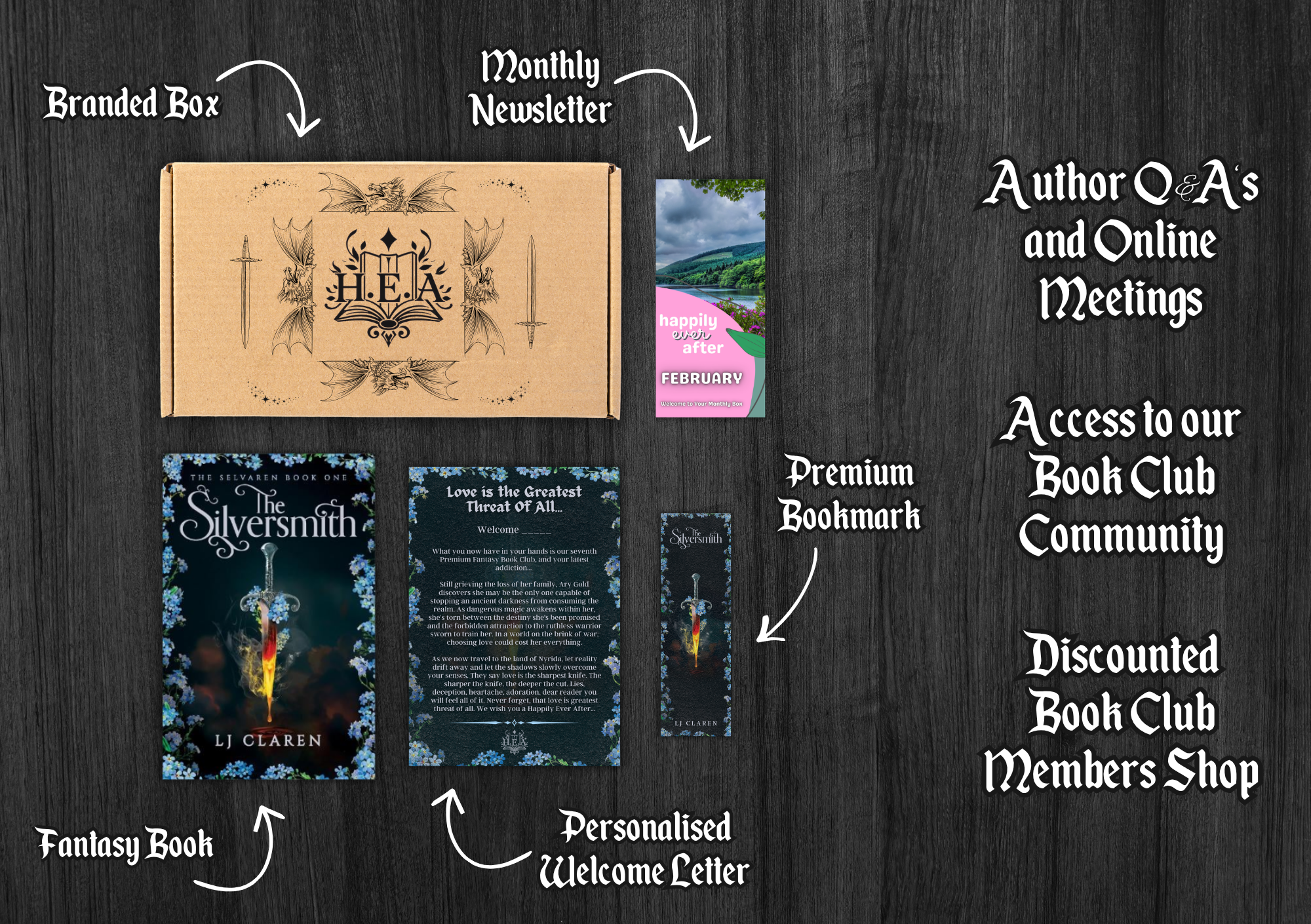 The Fantasy Book Club box with a book, bookmark and themed extras